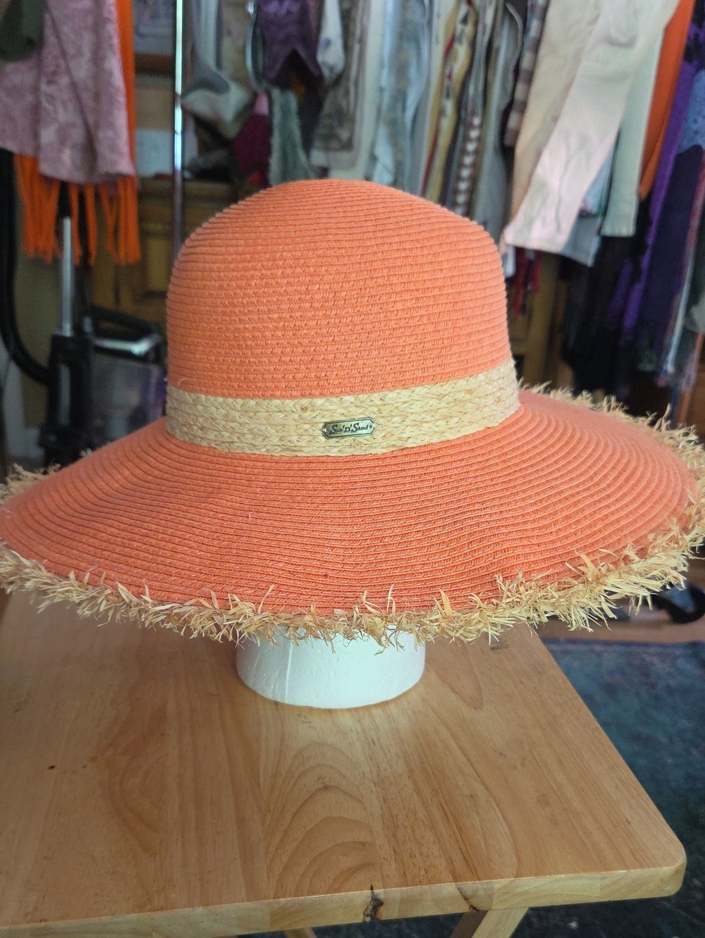 Women's Orange Wide-Brim Straw Sun Hat with Natural Trim